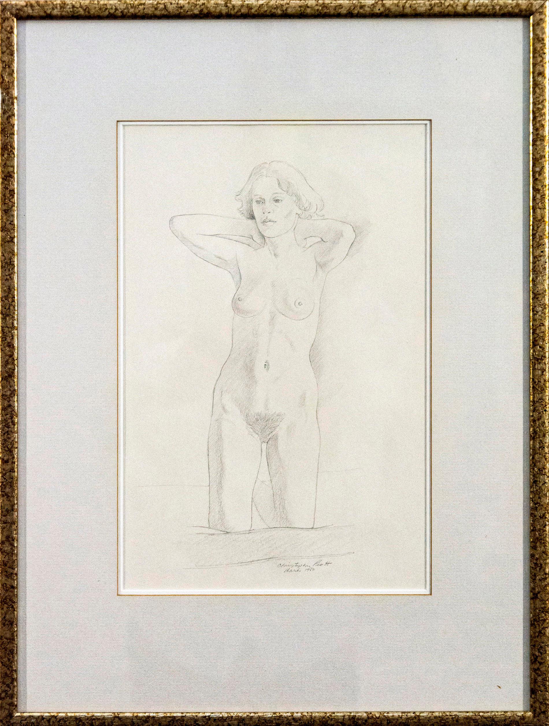 Ragazza inginocchiata - femmina, figurativa, nuda, disegno a matita su carta - Art di Christopher Pratt
