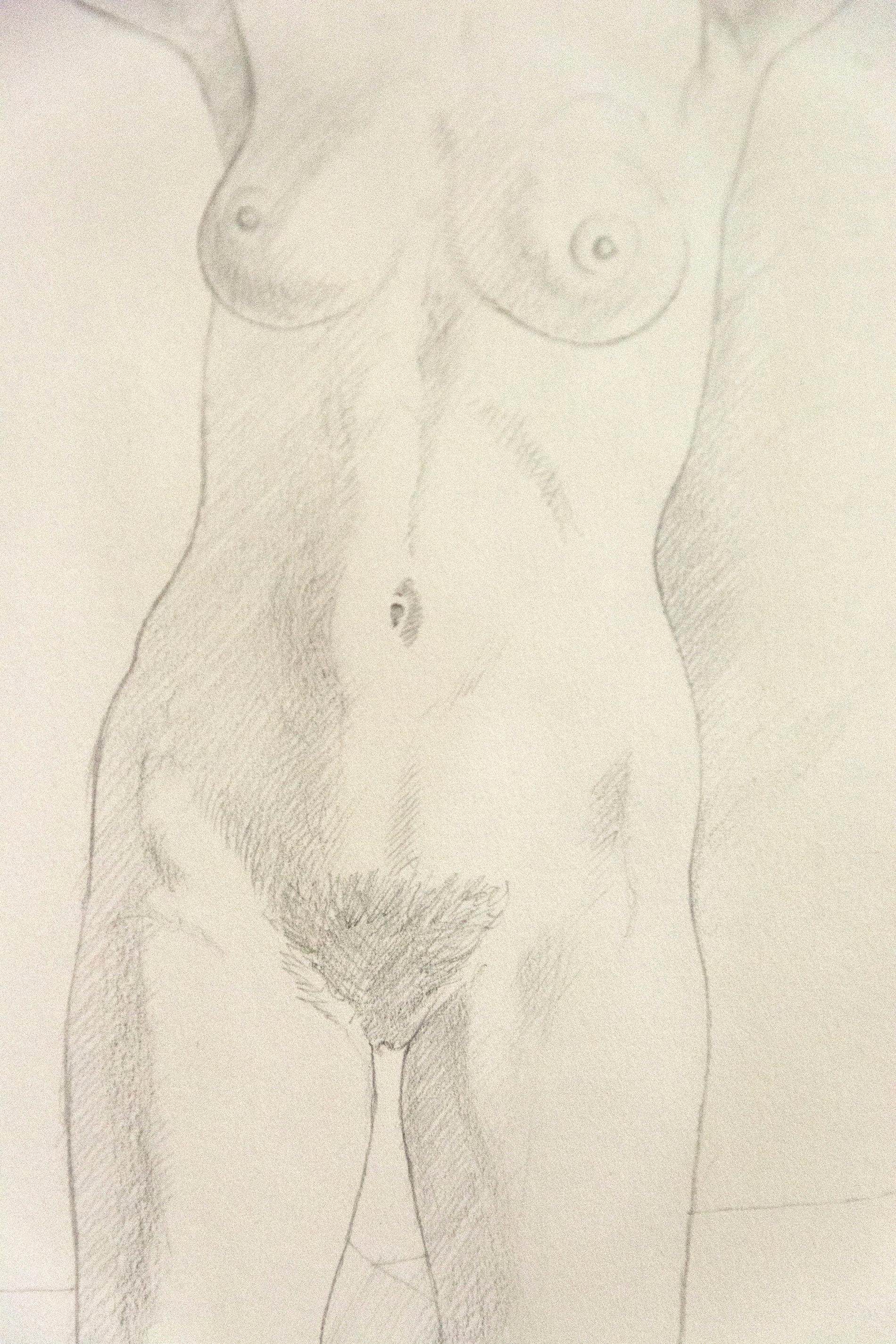Ragazza inginocchiata - femmina, figurativa, nuda, disegno a matita su carta - Figurative Art Beige di Christopher Pratt