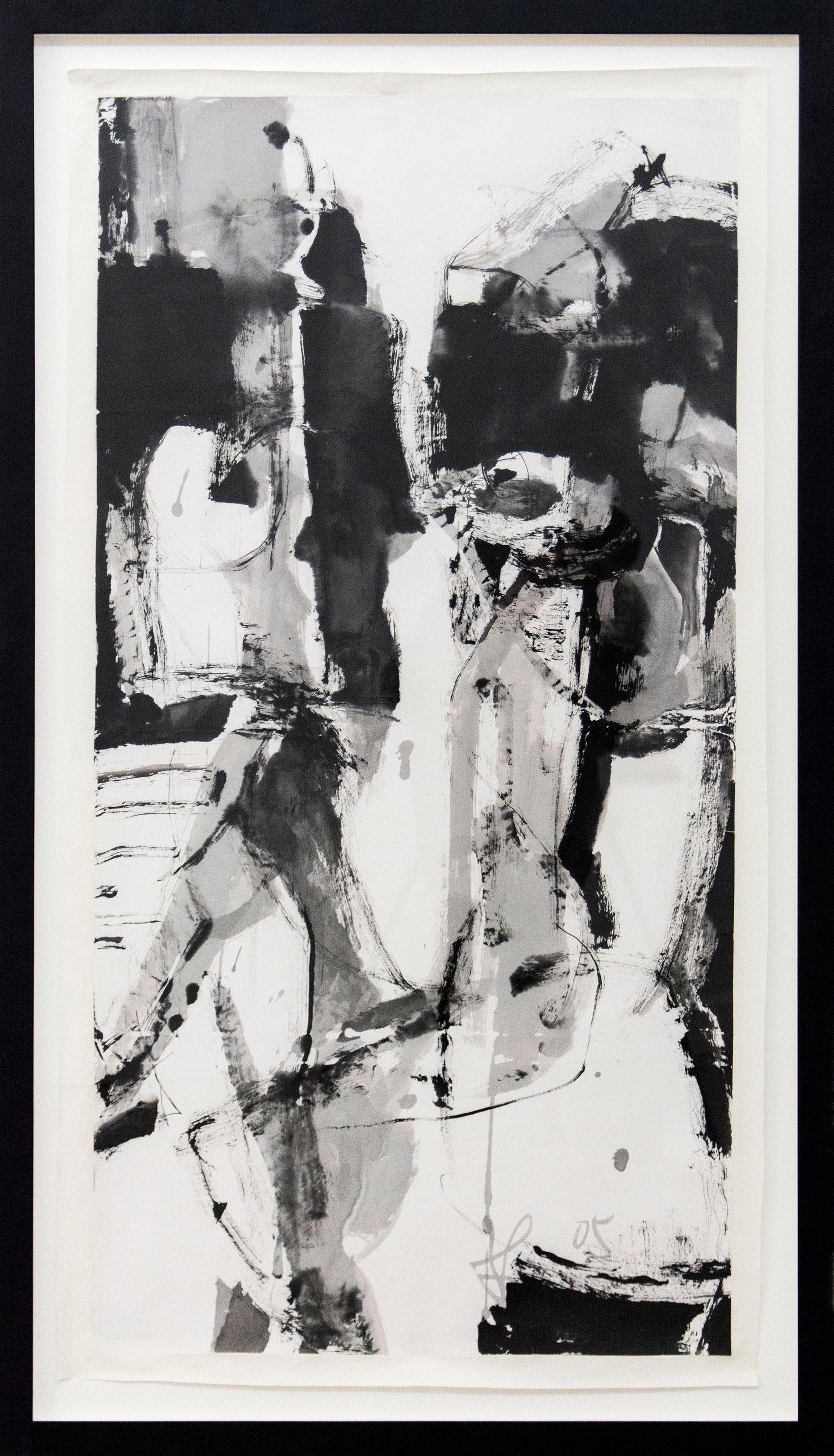 Citation - black, white, abstracted figurative, brushed ink on paper