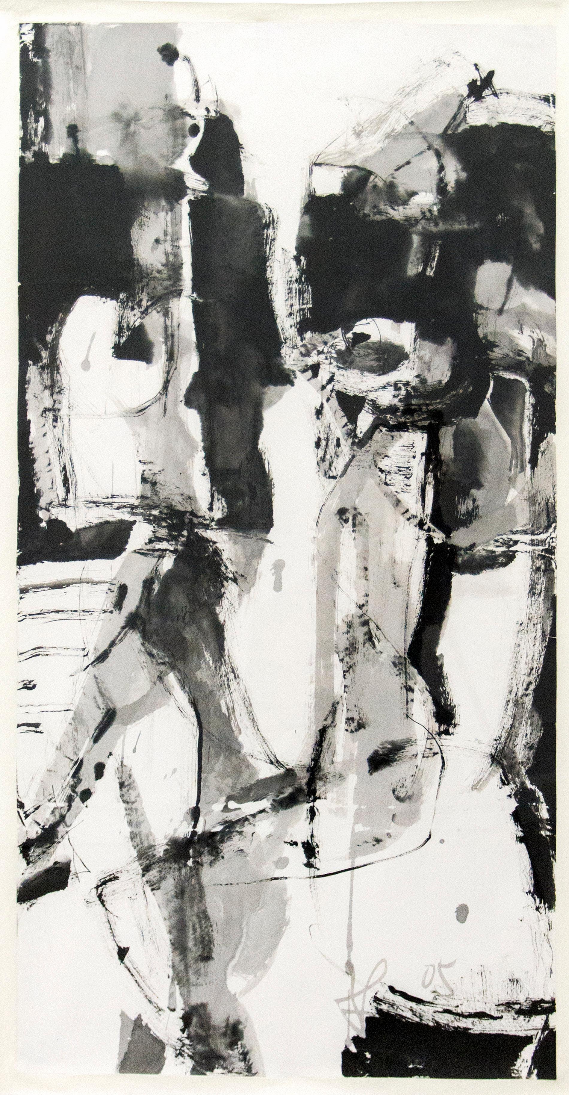 Whiting - noir, blanc, abstraction figurative, encre brossée sur papier - Painting de Andrew Lui