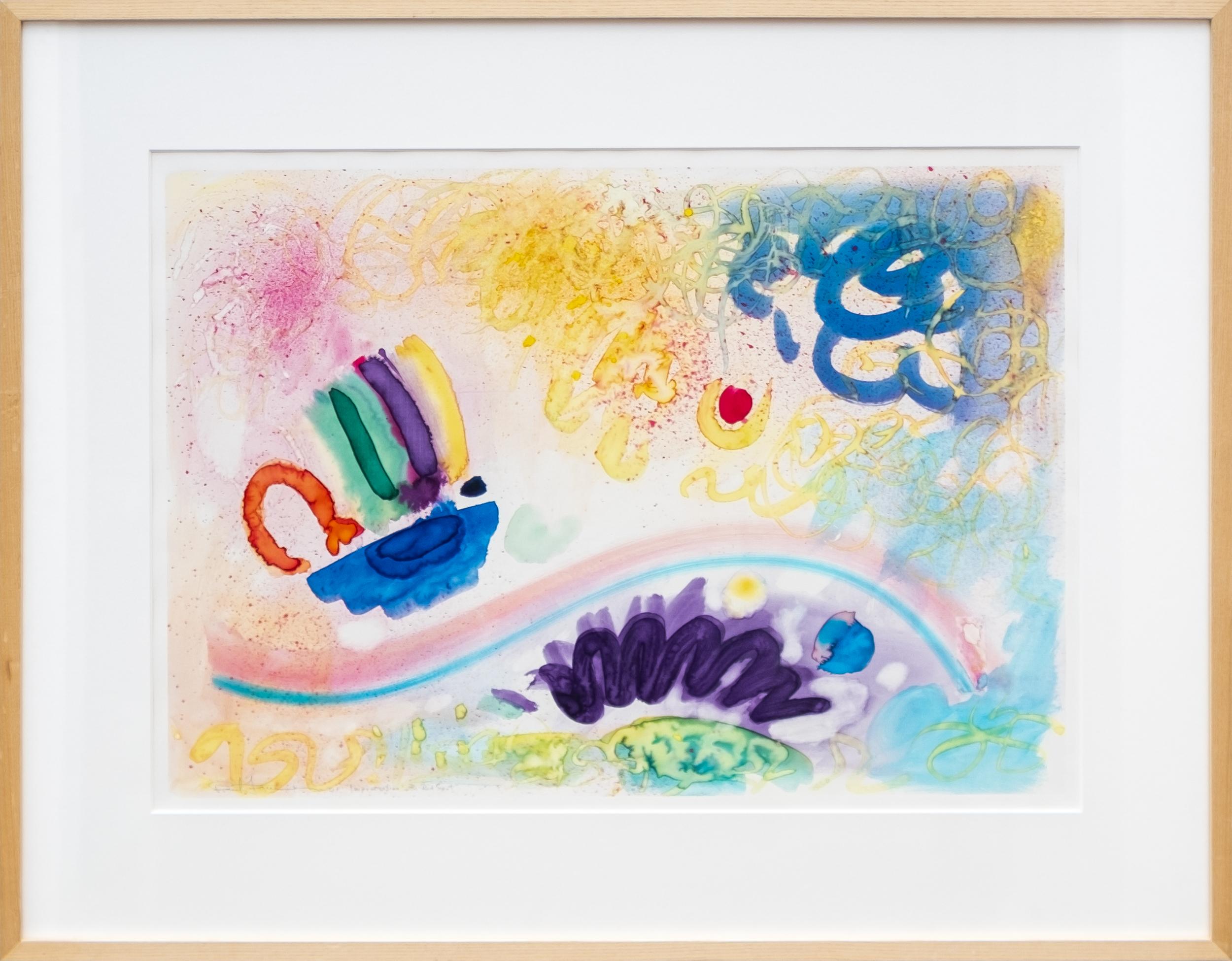 Improvisation mit rotem Fleck - zeitgenössisch, abstrakt, Monoprint
