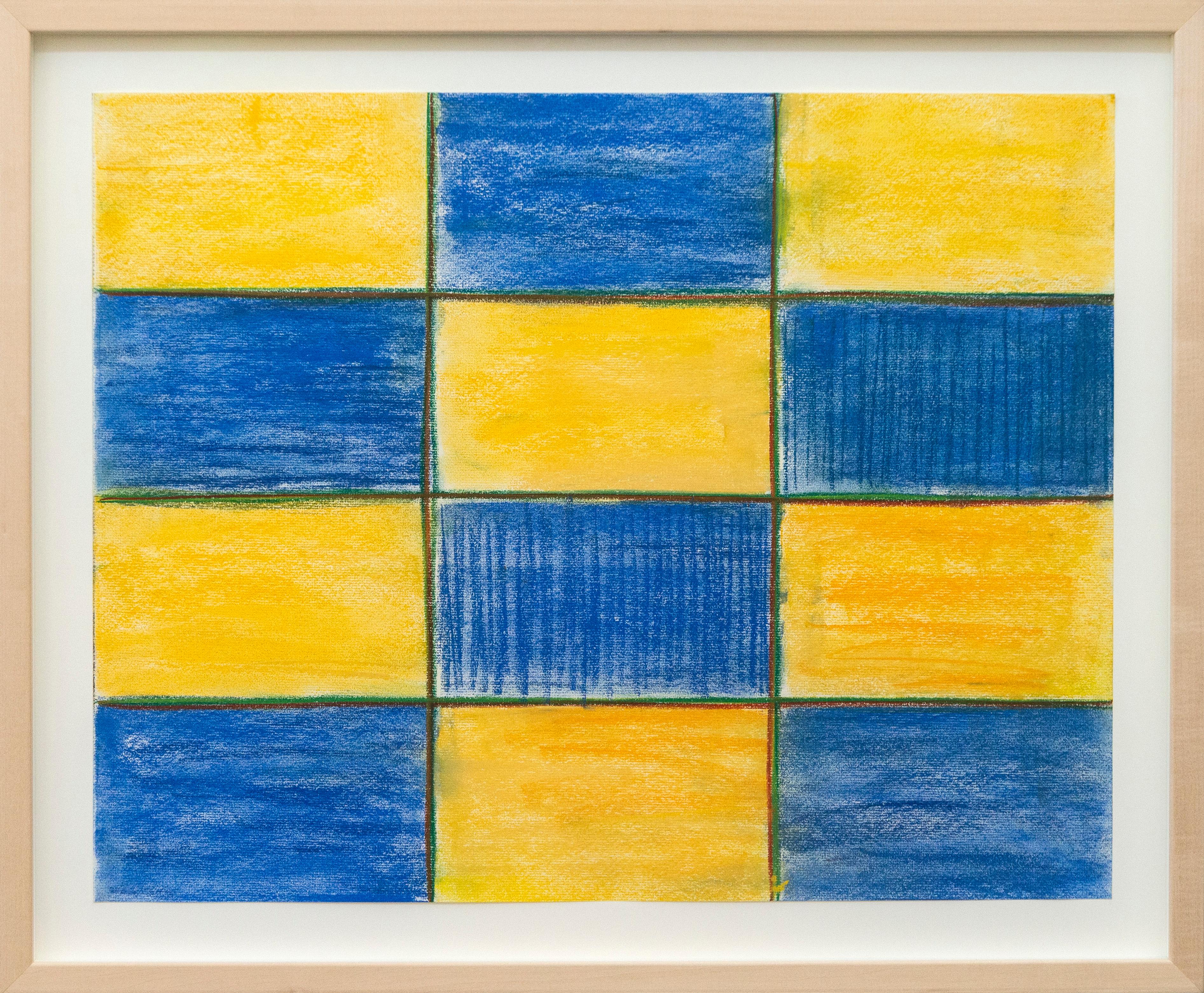 Pastell Raster (Gelb, Blau) - zeitgenössisch, minimalistisch, abstrakt, Pastell auf Papier
