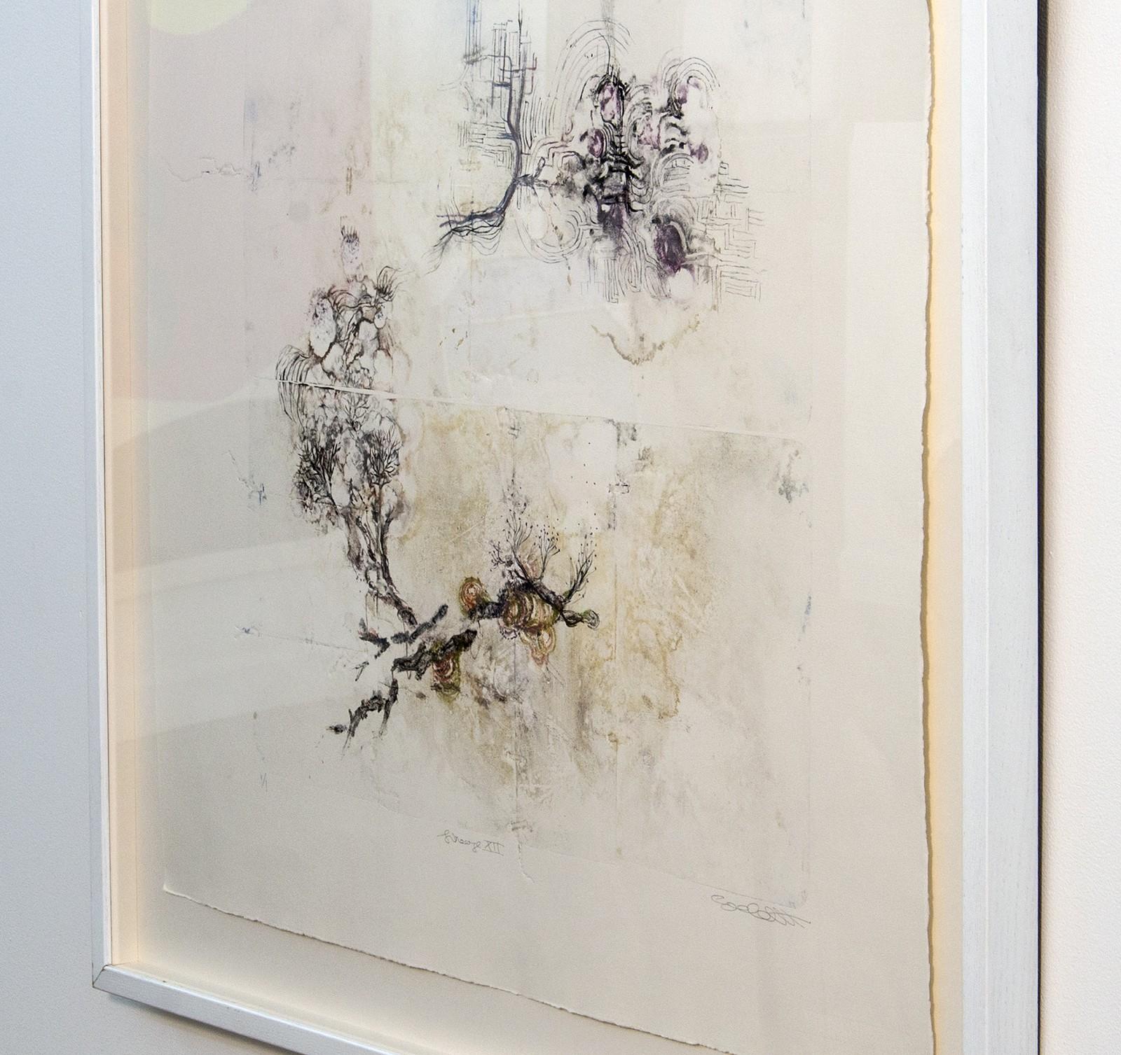 Lineage XII - delicate, copper, oil ink, sketch, monoprint on archival paper - Black Abstract Drawing by Susan Collett