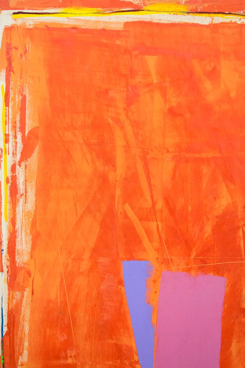 Curated swipes of teal, yellow, sapphire blue and plum dance on a ground of red orange in this 1974 acrylic by David Bolduc. From Bolduc's early career, this painting reflects his modernist roots including the influence of Canadian Jack Bush.

Born
