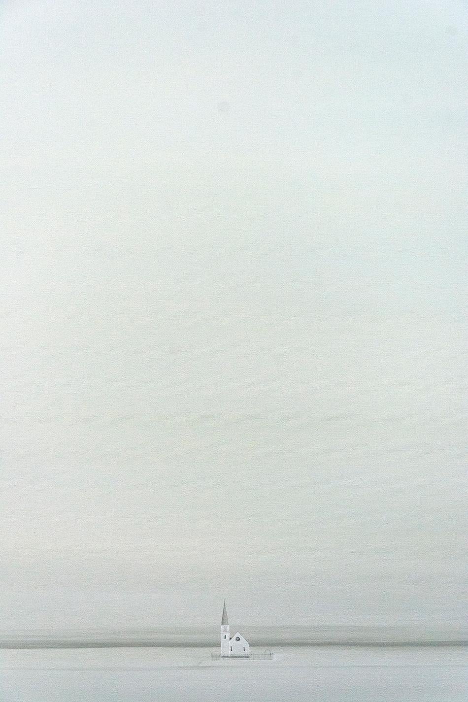 Stanbridge Church - minimalist, white, snowy, realist barn scene, acrylic canvas - Painting by F. Lipari