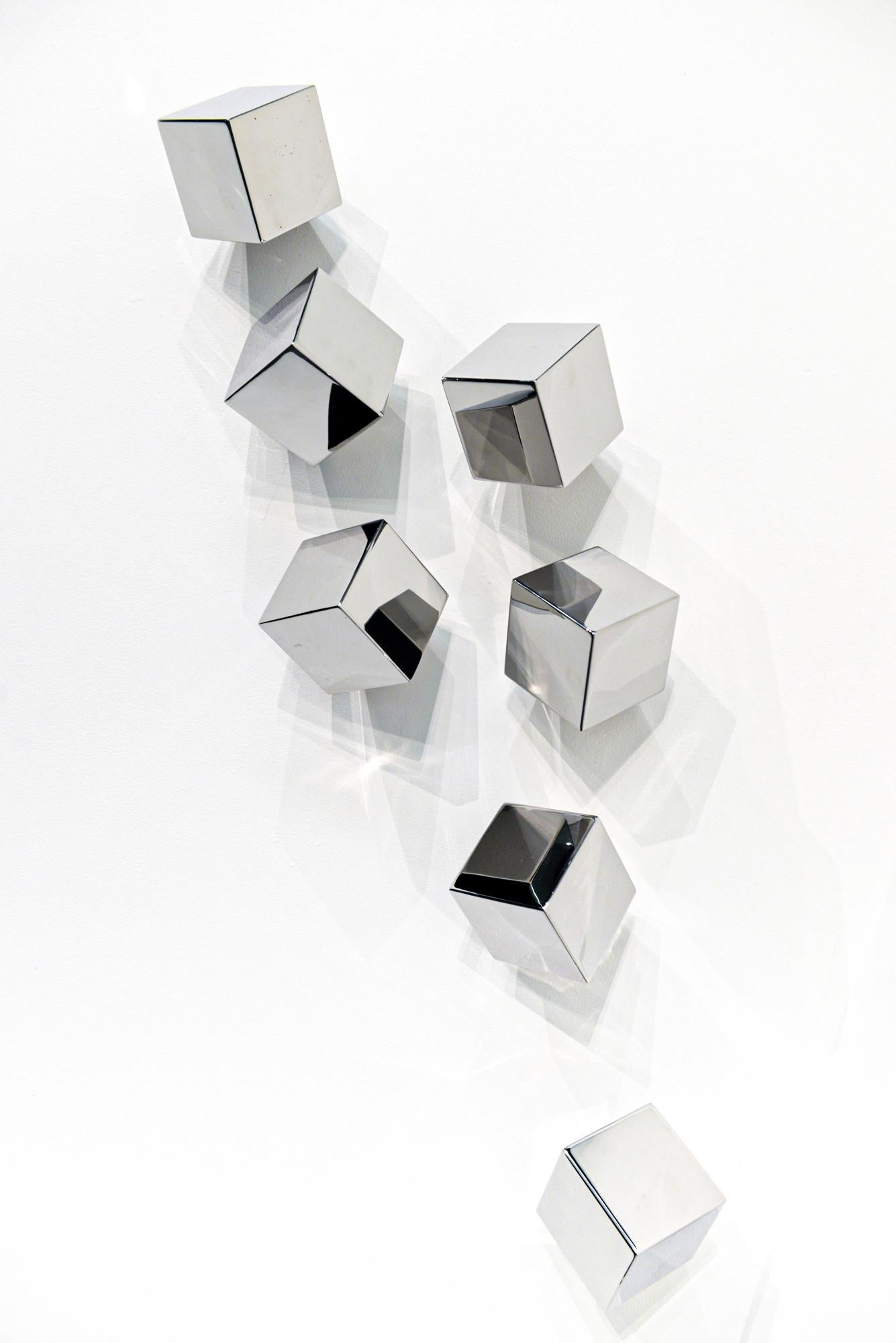 Change - multiple, polished stainless steel, cubes, abstract, wall sculpture - Contemporary Sculpture by  Lori Cozen-Geller