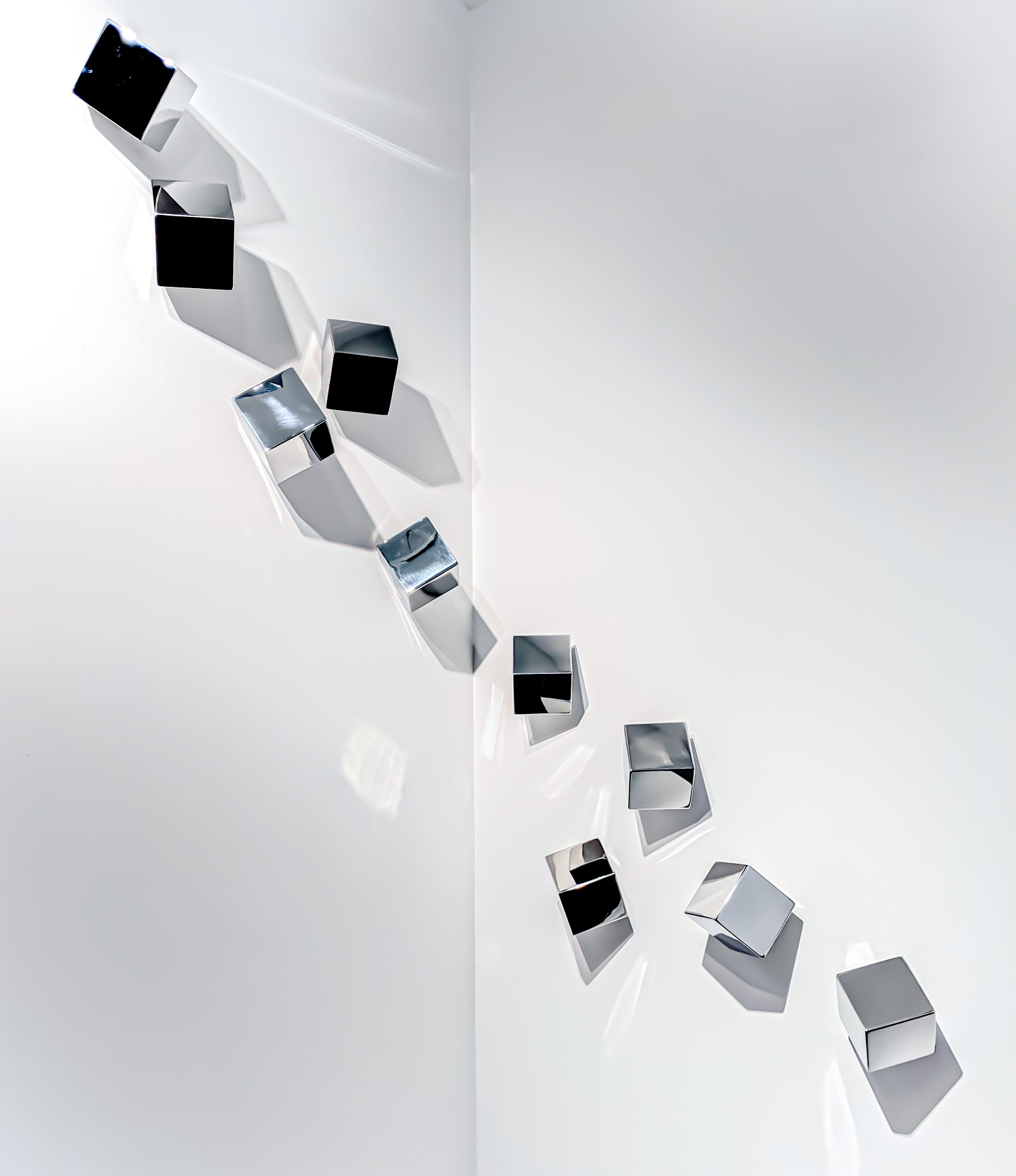 Change - multiple, polished stainless steel, cubes, abstract, wall sculpture 1