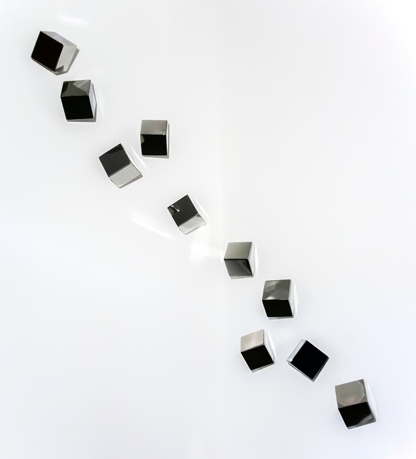Change - multiple, polished stainless steel, cubes, abstract, wall sculpture - Sculpture by  Lori Cozen-Geller