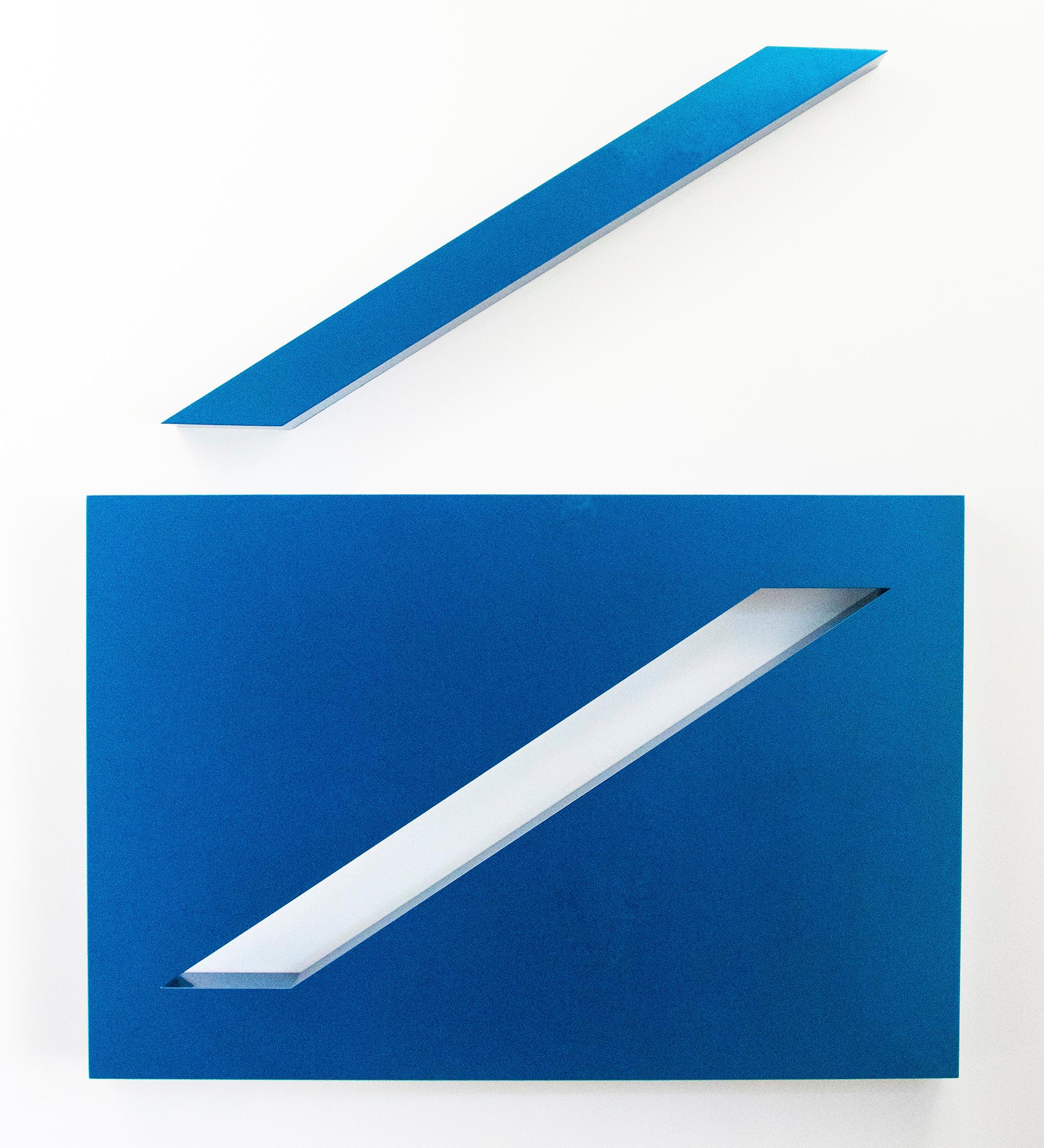  Lori Cozen-Geller Abstract Sculpture - Conviction, Blue - bright, blue, glossy smooth surfaced, abstract wall sculpture