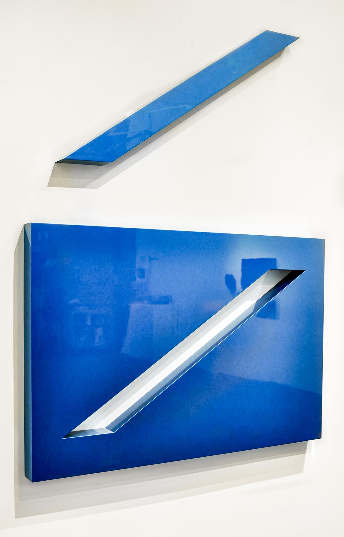 Conviction, Blue - bright, blue, glossy smooth surfaced, abstract wall sculpture - Brown Abstract Sculpture by  Lori Cozen-Geller