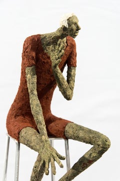 Swimmer - tall, expressive, textured, male, figurative, paper Mache sculpture