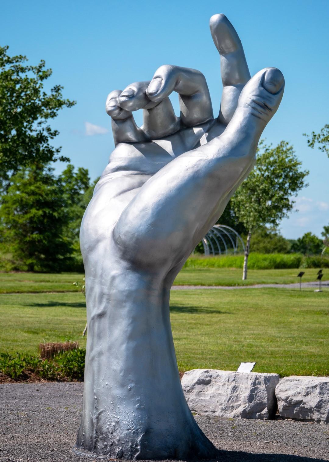 Ascension 3/5 - large, silver, hand, fiberglass and resin outdoor sculpture - Sculpture by Dave Sheridan