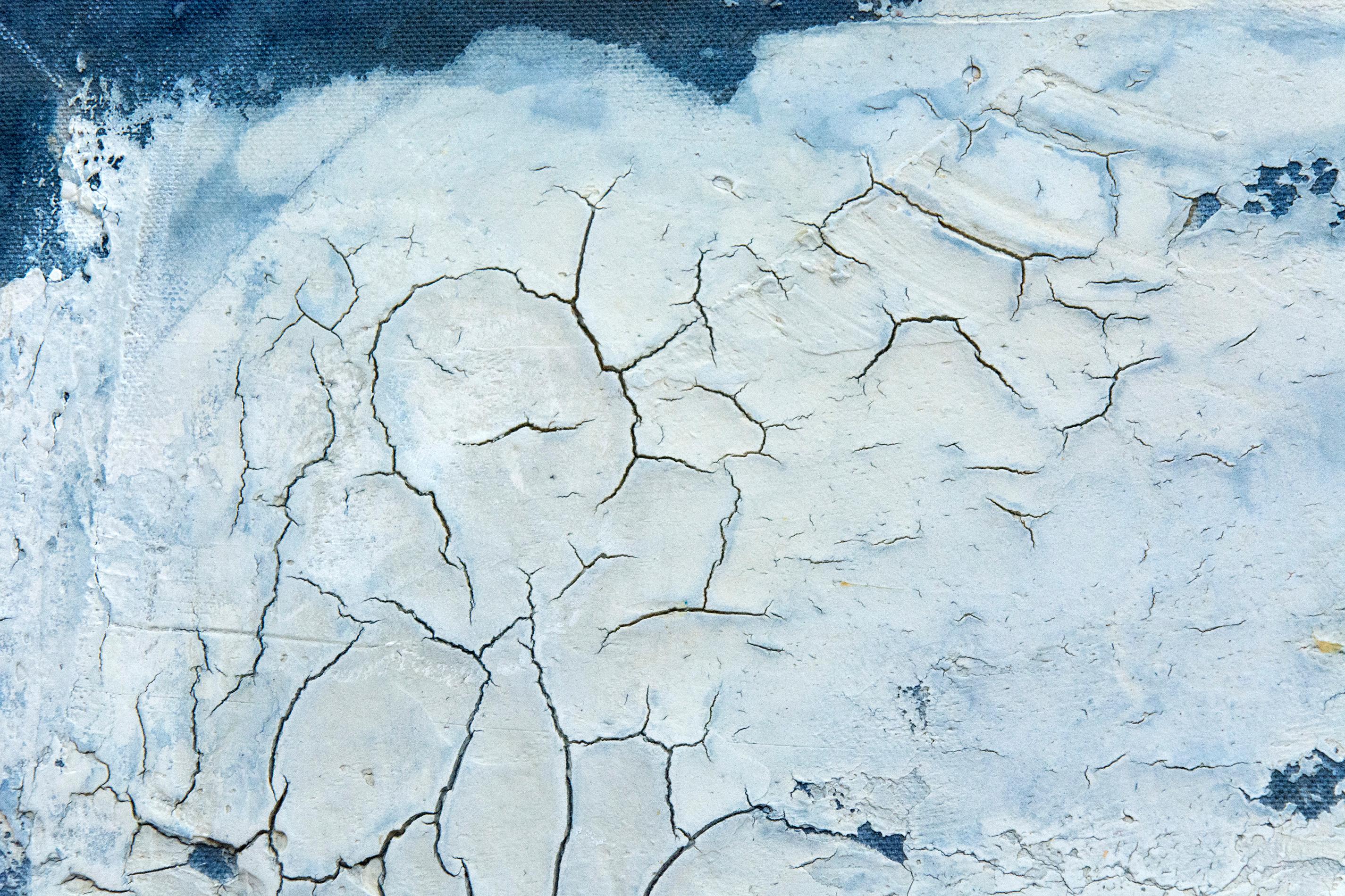 Washes of light blue and cloud white merge in this atmospheric plaster and pigment painting by Jutta Naim. Marks pulled by hand through the plaster, thick and cracking deliberately and dynamically in areas, create a lively and balanced composition.