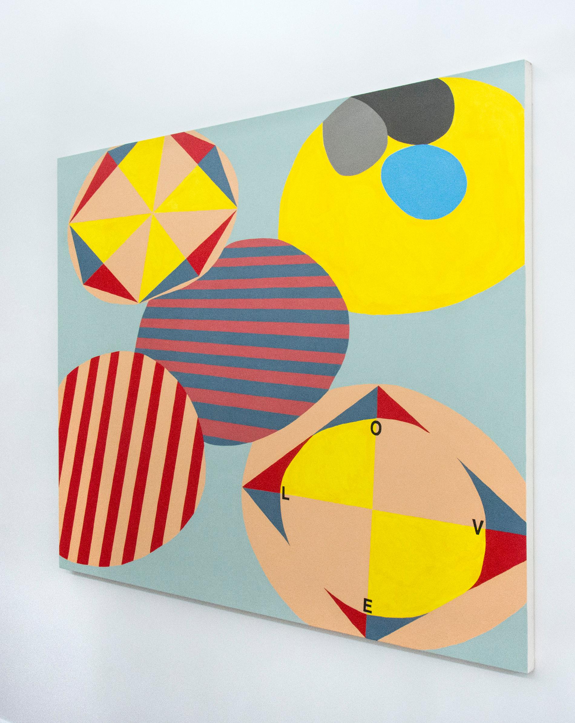 Room for Mystics 1 - Abstract oval shapes in peach, red, yellow and blue  - Painting by Sandra Meigs