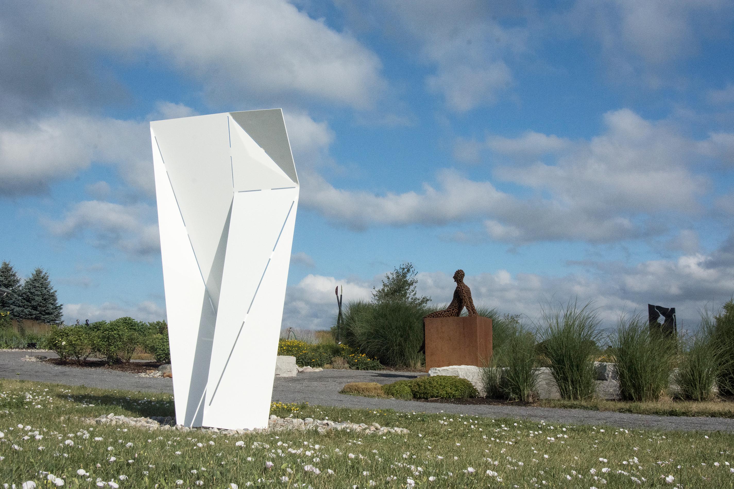 Rebus - large, white, minimalist inspired, powder coated steel outdoor sculpture - Sculpture by Rocco Turino