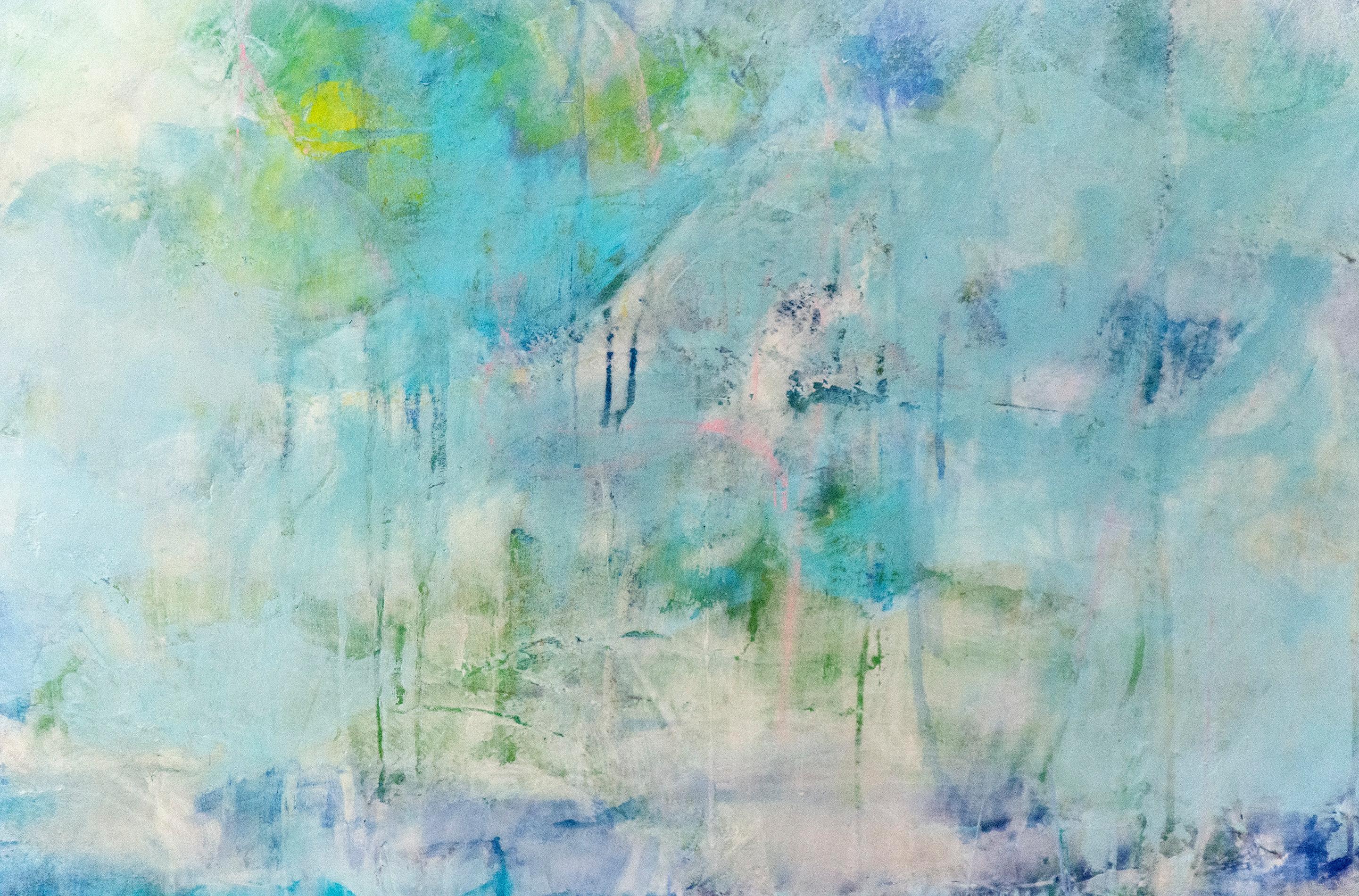 Acrylic paint is layered into textured medium in this abstracted ethereal landscape by Sharon Kelly. The soft blues, greens, and yellows blend together creating the impression of mist on a warm summer morning blurring the horizon line between land