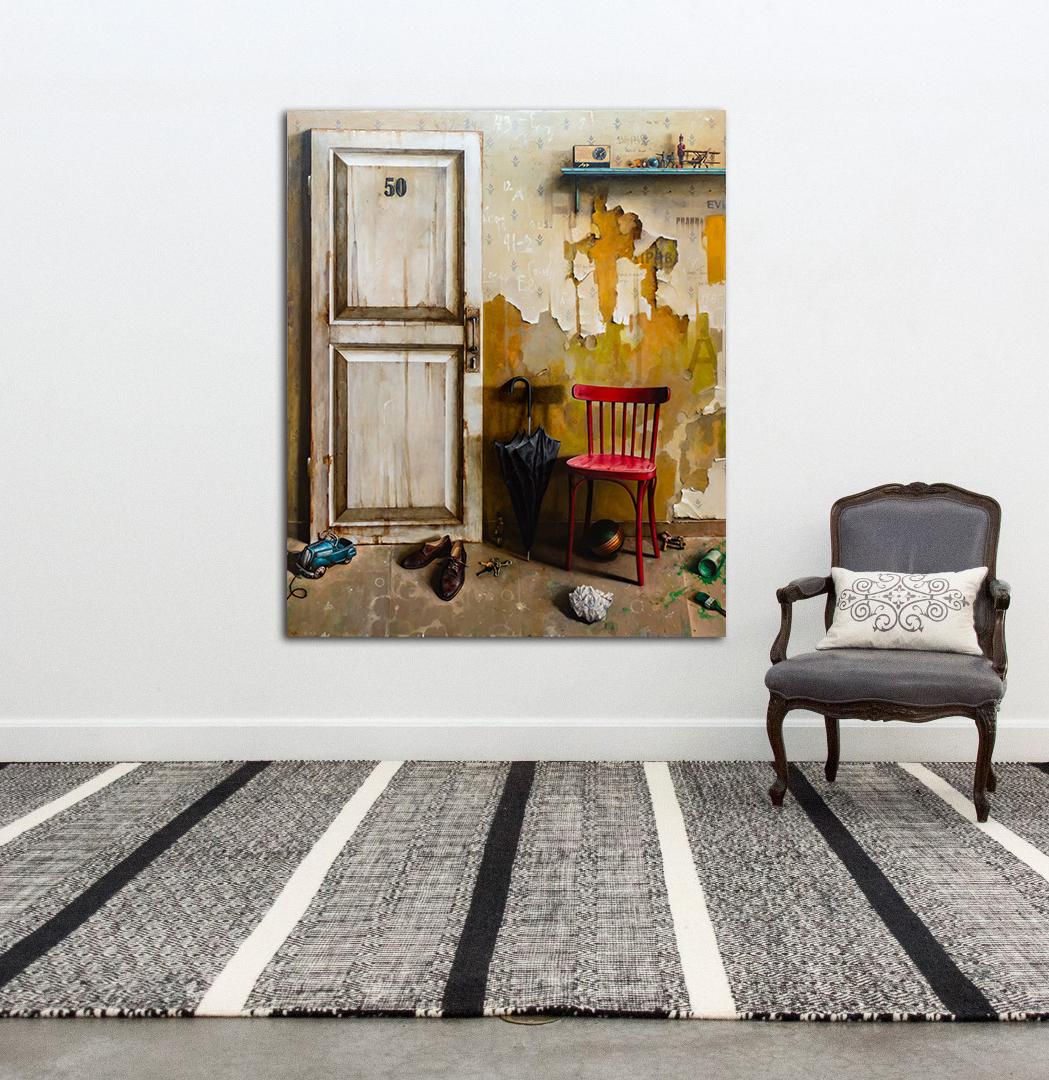Door No 50 - bright, vivid detail, realist, interior, Ukrainian oil on canvas - Painting by Dmitry Yuzefovich