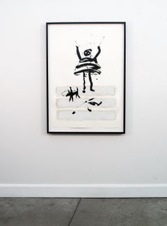 Girl With Dog (Fille avec chien), noir et blanc, minimaliste, gestuel, acrylique sur papier