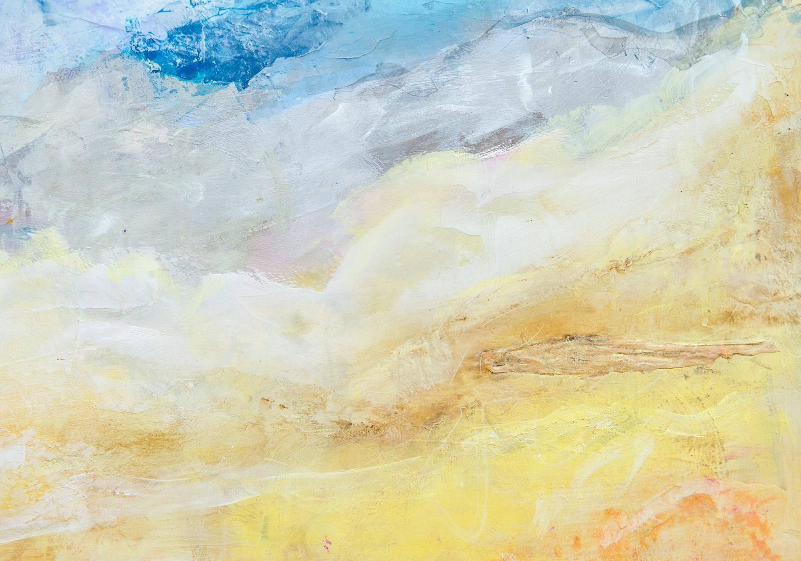 Una gloriosa puesta de sol encendida en el horizonte estalla en una mezcla de colores vibrantes: rosas, amarillos y turquesas dominan el lienzo. Siempre presente en los abstractos de ensueño de Sharon Kelly, el agua aparece en la parte inferior del