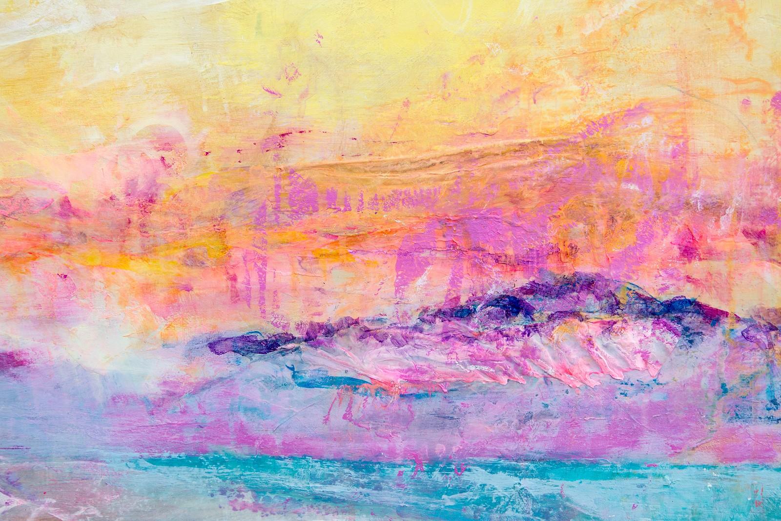 El Sol La Puso Rosa - texturizado, vibrante, abstracto, acrílico sobre lienzo - Abstract Painting Beige de Sharon Kelly