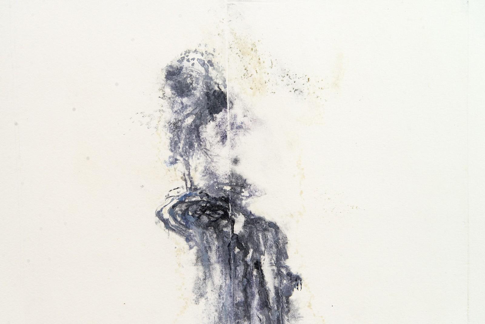 Ispirata alla natura, questa drammatica immagine di un torrente vorticoso fa parte di una serie di monografie create dall'artista di Toronto Susan Collett. Questa monostampa è iniziata con le immagini intagliate in fogli di rame cuciti con un ago a