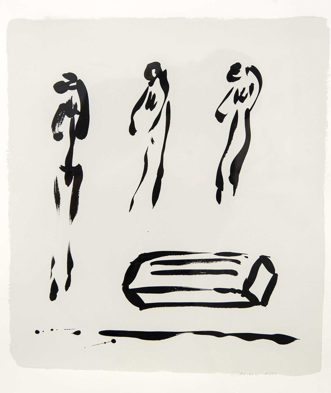 Auf dieser auffälligen Zeichnung der kanadischen Künstlerin Lynne Fernie mit schwarzer Tusche auf Weiß scheinen sich drei stehende Figuren über die Leinwand zu bewegen. Fernies abstrakte Kompositionen erkunden die anmutigen Gesten und die Energie