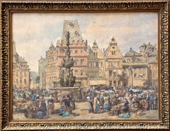 Watercolor On Paper "Hauptmarkt Trier" British Romantic Artist Signed Dated 1886