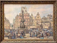 Aquarelle "Hauptmarkt Trier" Artiste romantique britannique Signée à la main Datée 1886