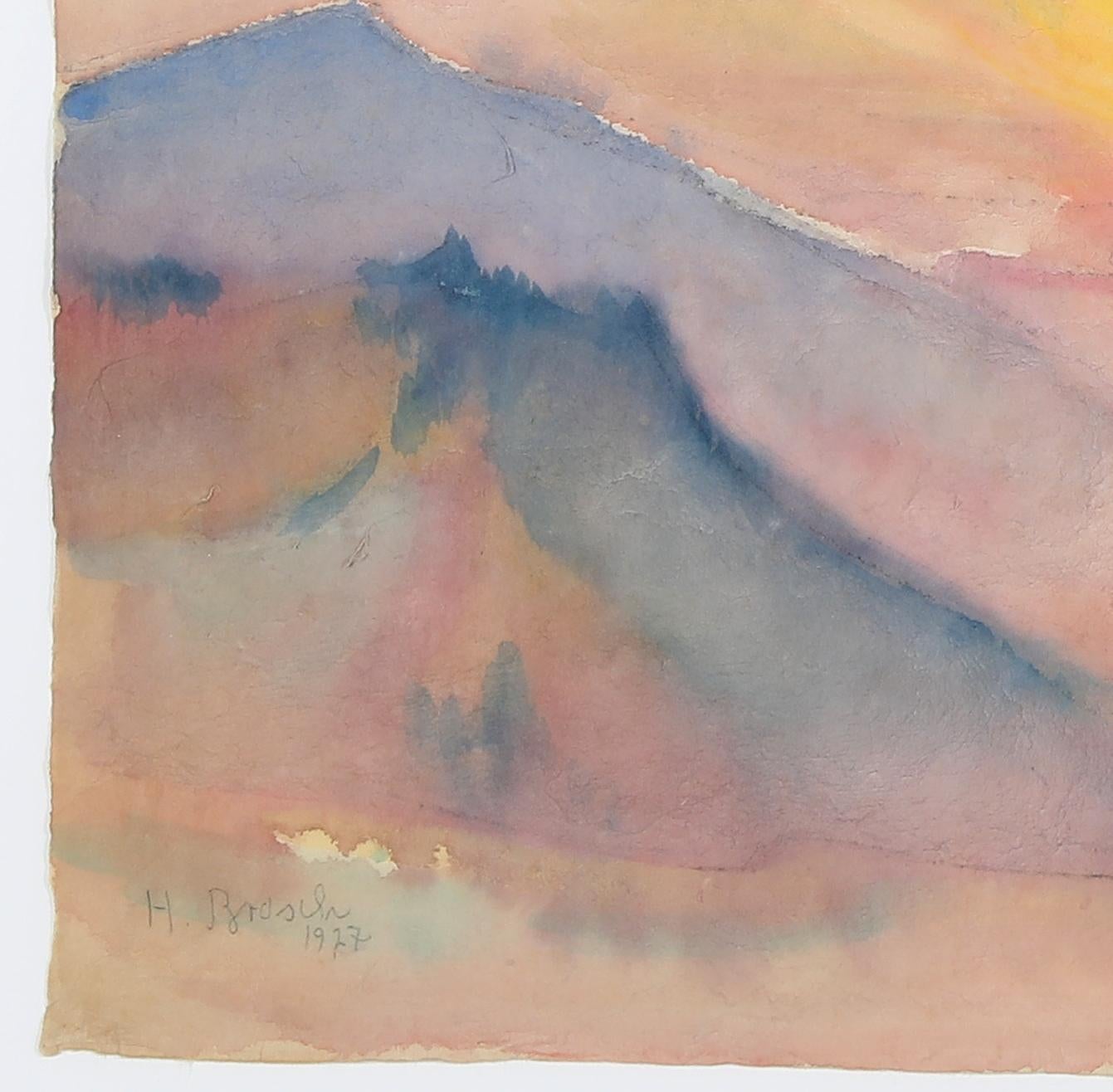 Lever de soleil 1927, par l'expressionniste allemand, aquarelle, élève de Ferdinand Hodler - Beige Landscape Art par Hans Brasch