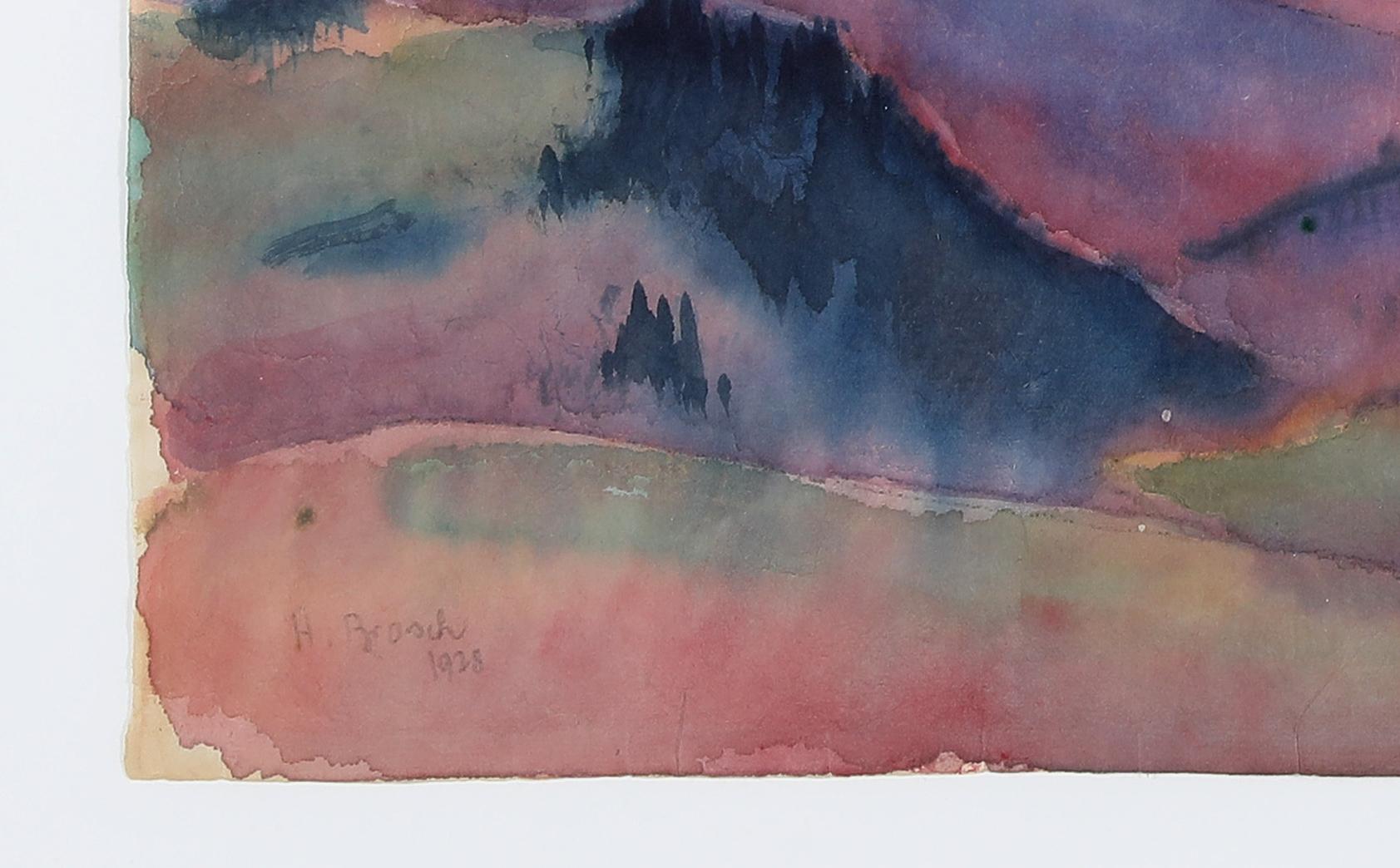 Coucher de soleil 1928, par l'expressionniste allemand, aquarelle, élève de Ferdinand Hodler - Beige Landscape Art par Hans Brasch