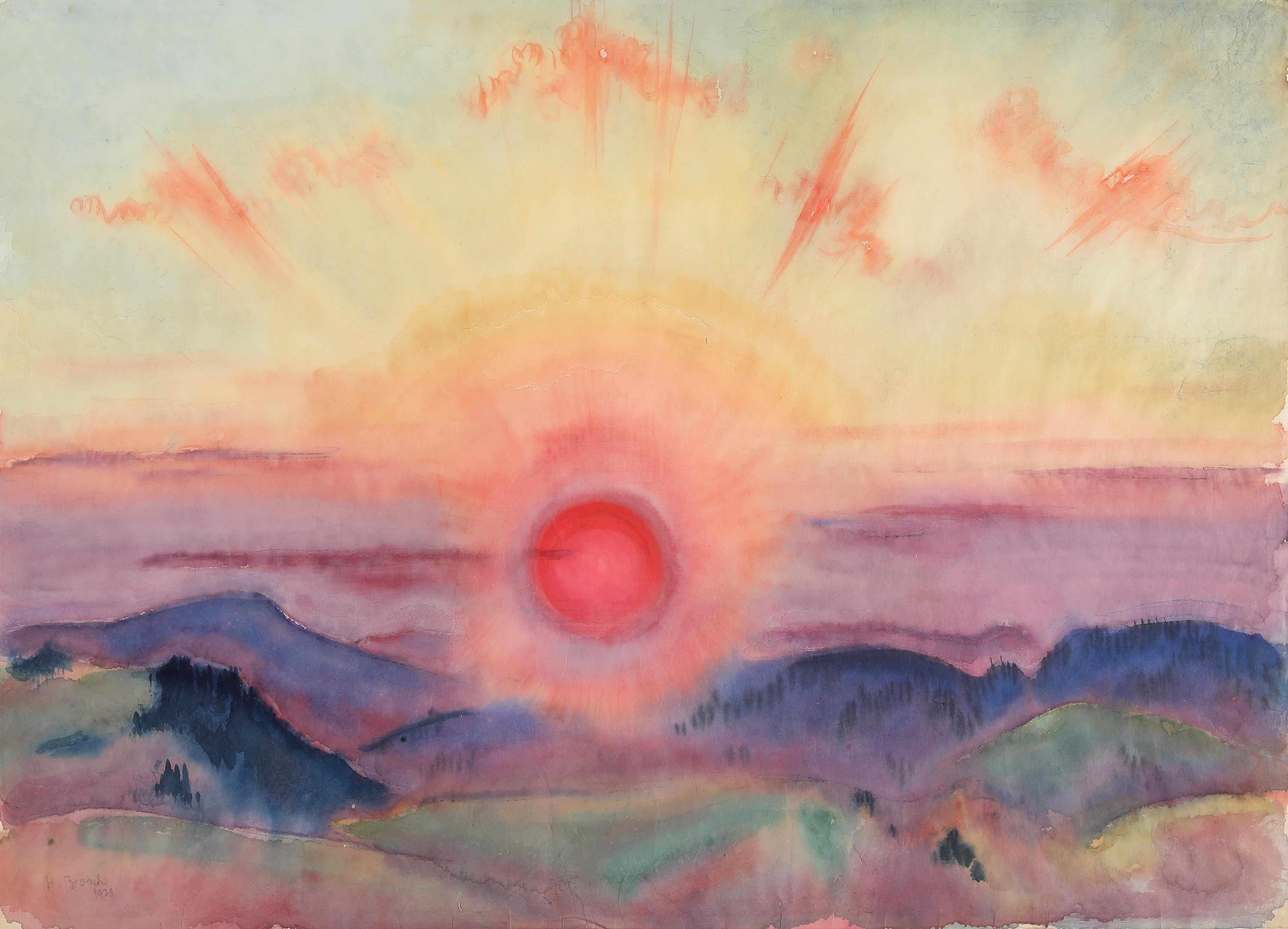 Coucher de soleil 1928, par l'expressionniste allemand, aquarelle, élève de Ferdinand Hodler - Art de Hans Brasch