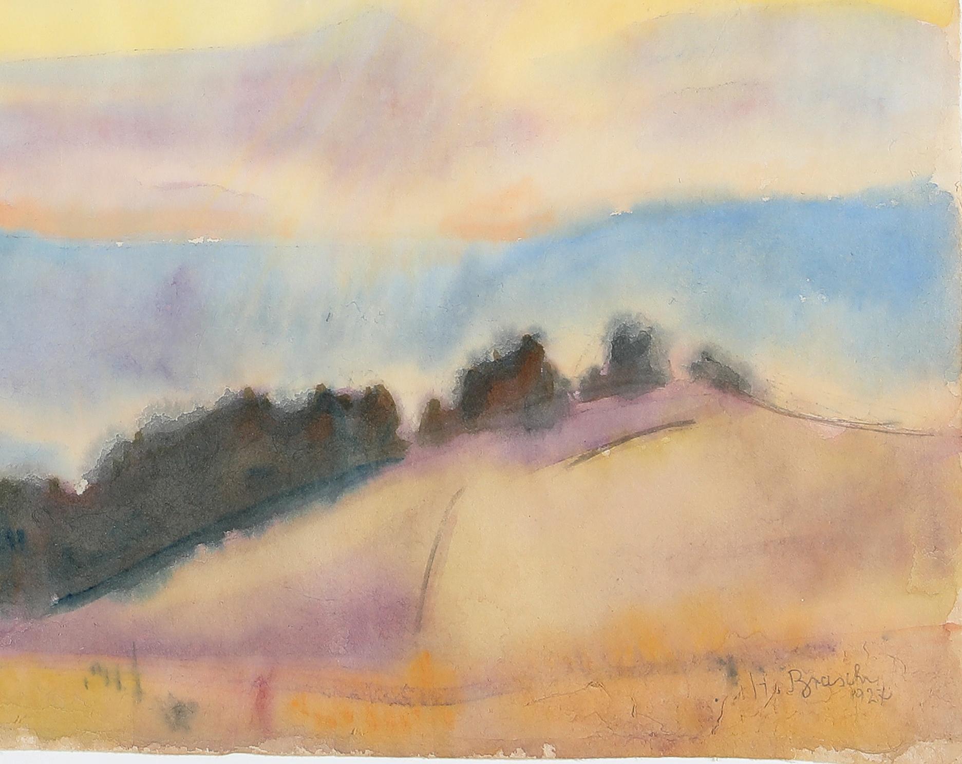 Paysage 1927, par l'expressionniste allemand, aquarelle, élève de Ferdinand Hodler - Beige Landscape Art par Hans Brasch