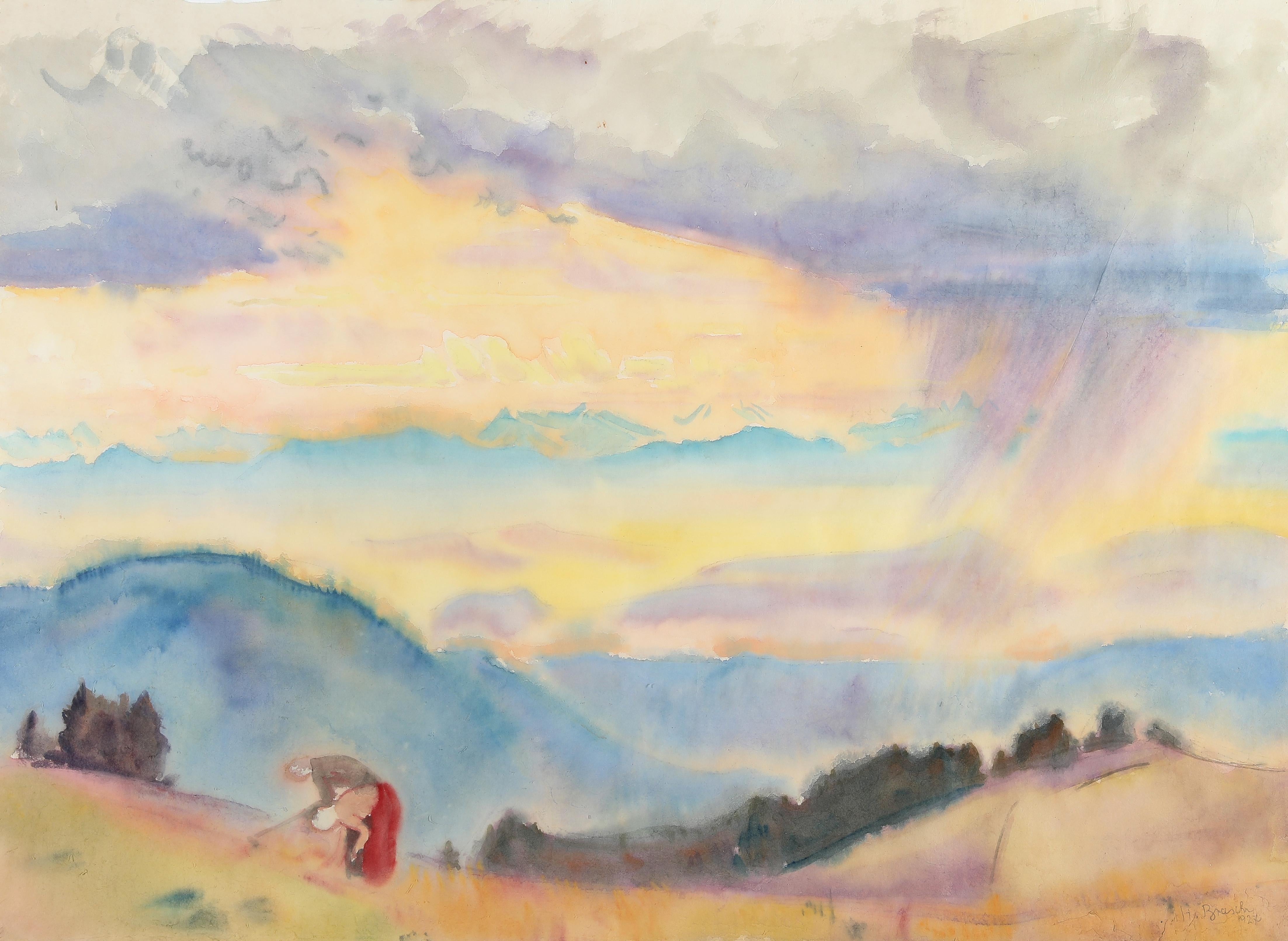 Paysage 1927, par l'expressionniste allemand, aquarelle, élève de Ferdinand Hodler - Art de Hans Brasch