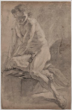 Seated Male Nude France Circa 1760 Charcoal Drawing Signed