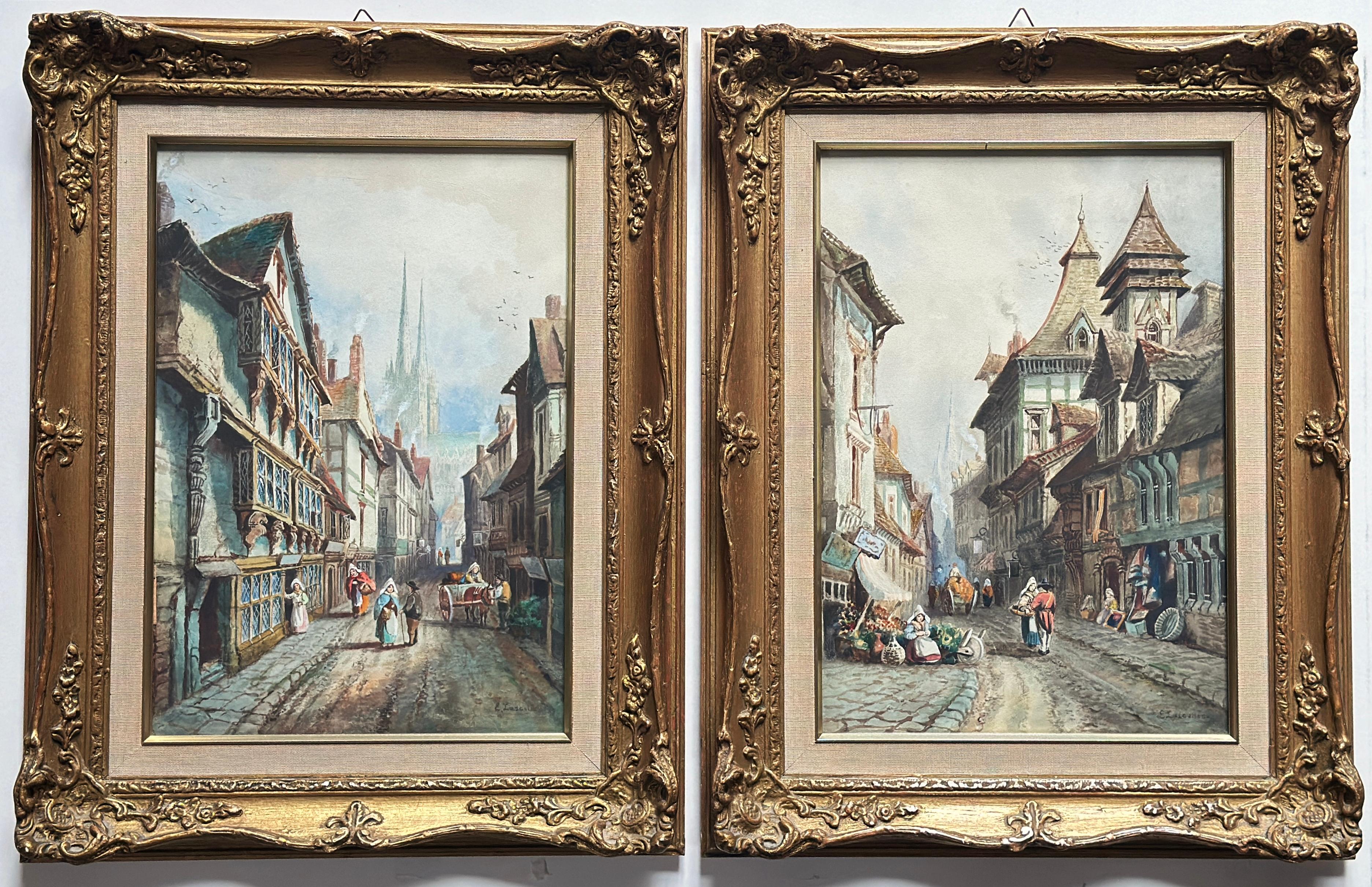 Unknown Figurative Art – Paar von 2 europäischen Stadtansichten, jeweils unter dem Bild signiert, um 1870