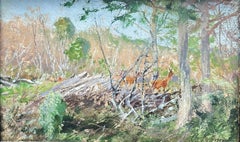"Deer in the Forest" Hunting Gouache by the German hunting painter Kröner