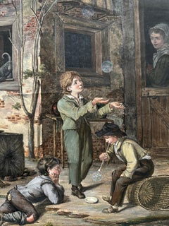 German artist, circa 1820; Children with Soap Bubbles; Watercolor