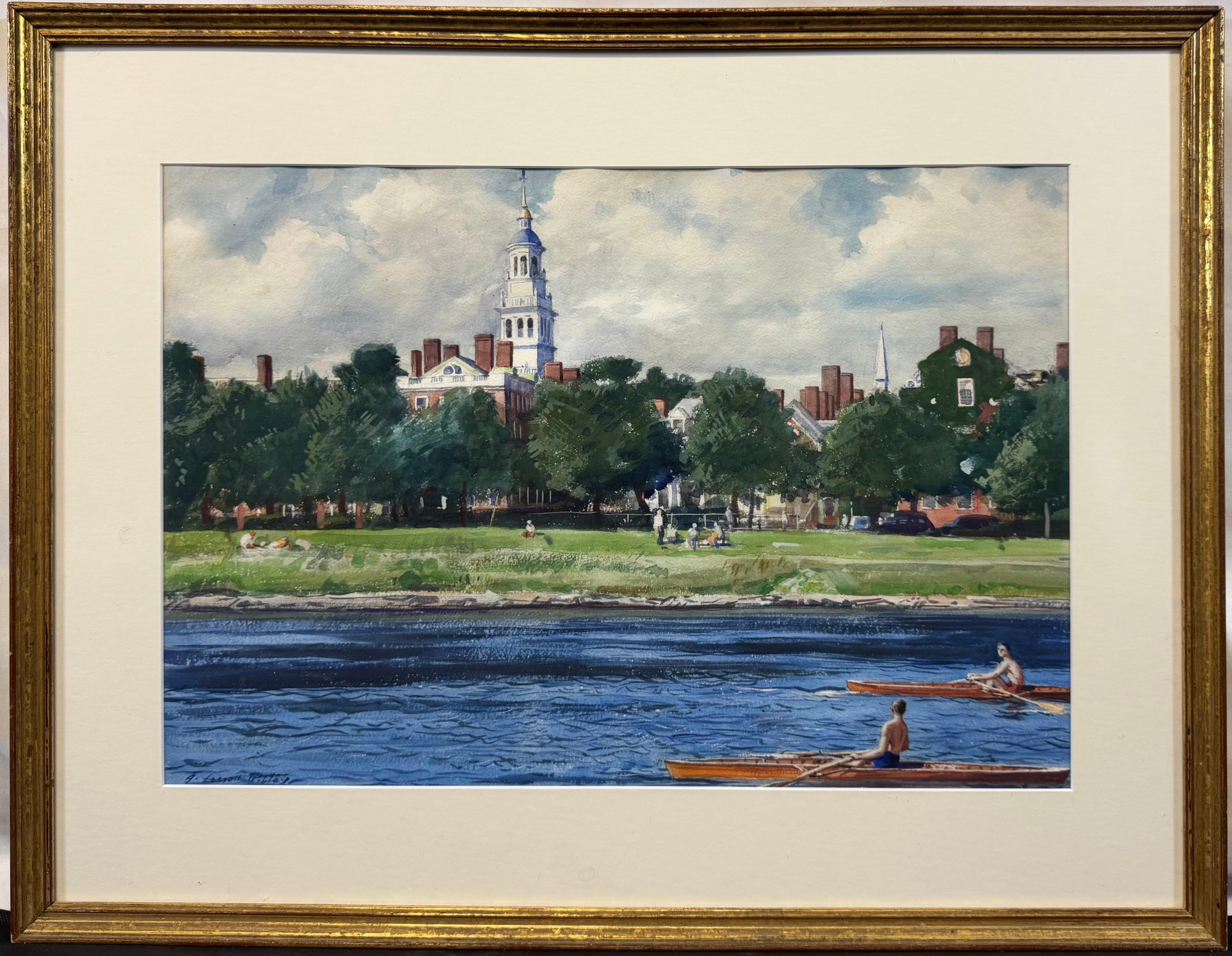 Aiden Lassell Ripley Landscape Art - “Rowing on the Charles River, Harvard University” Boston, Cambride, MA Cityscape