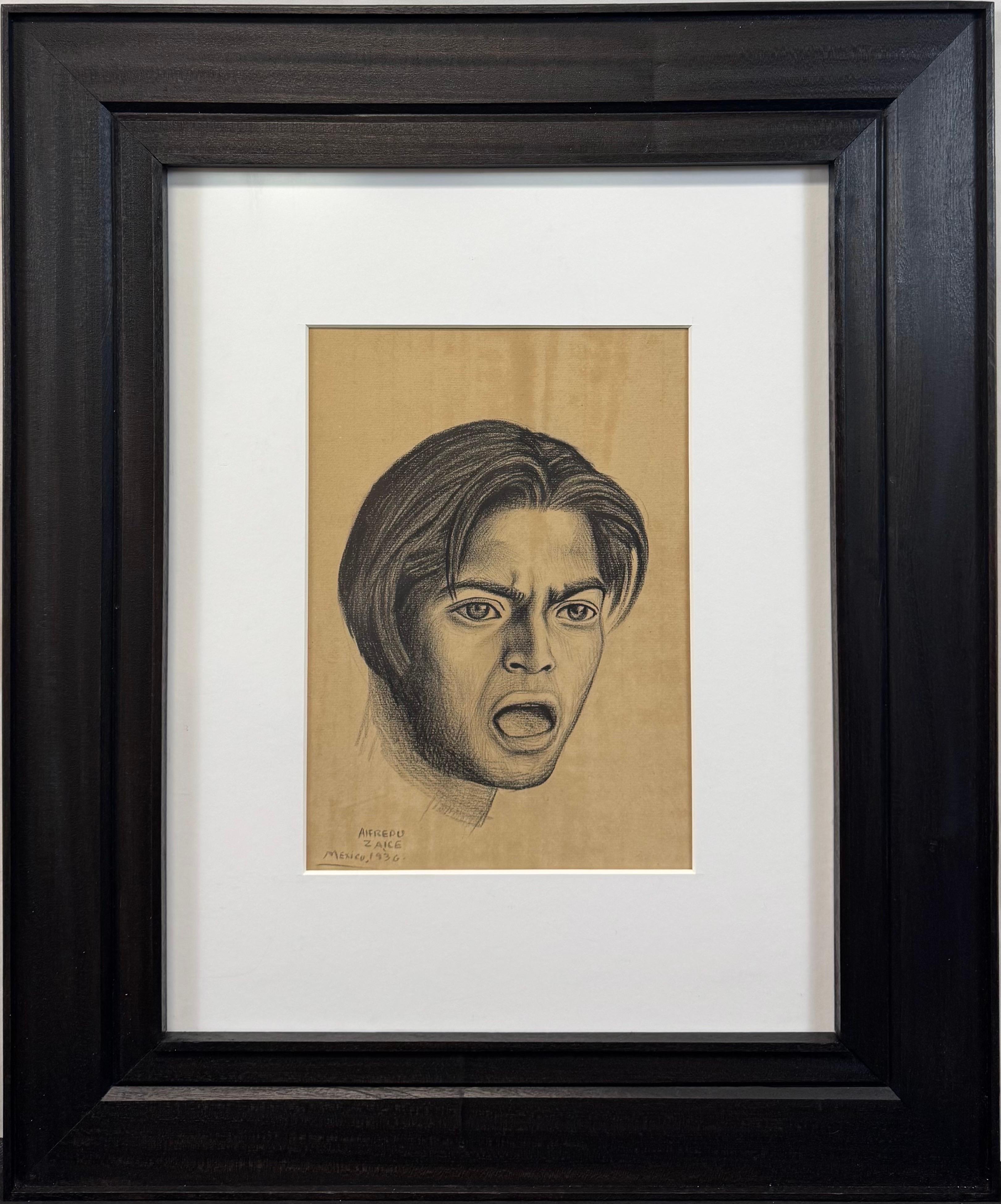 "Sin título (Cabeza de un hombre joven), 1936" Dibujo al carboncillo mexicano Estudio Firmado
