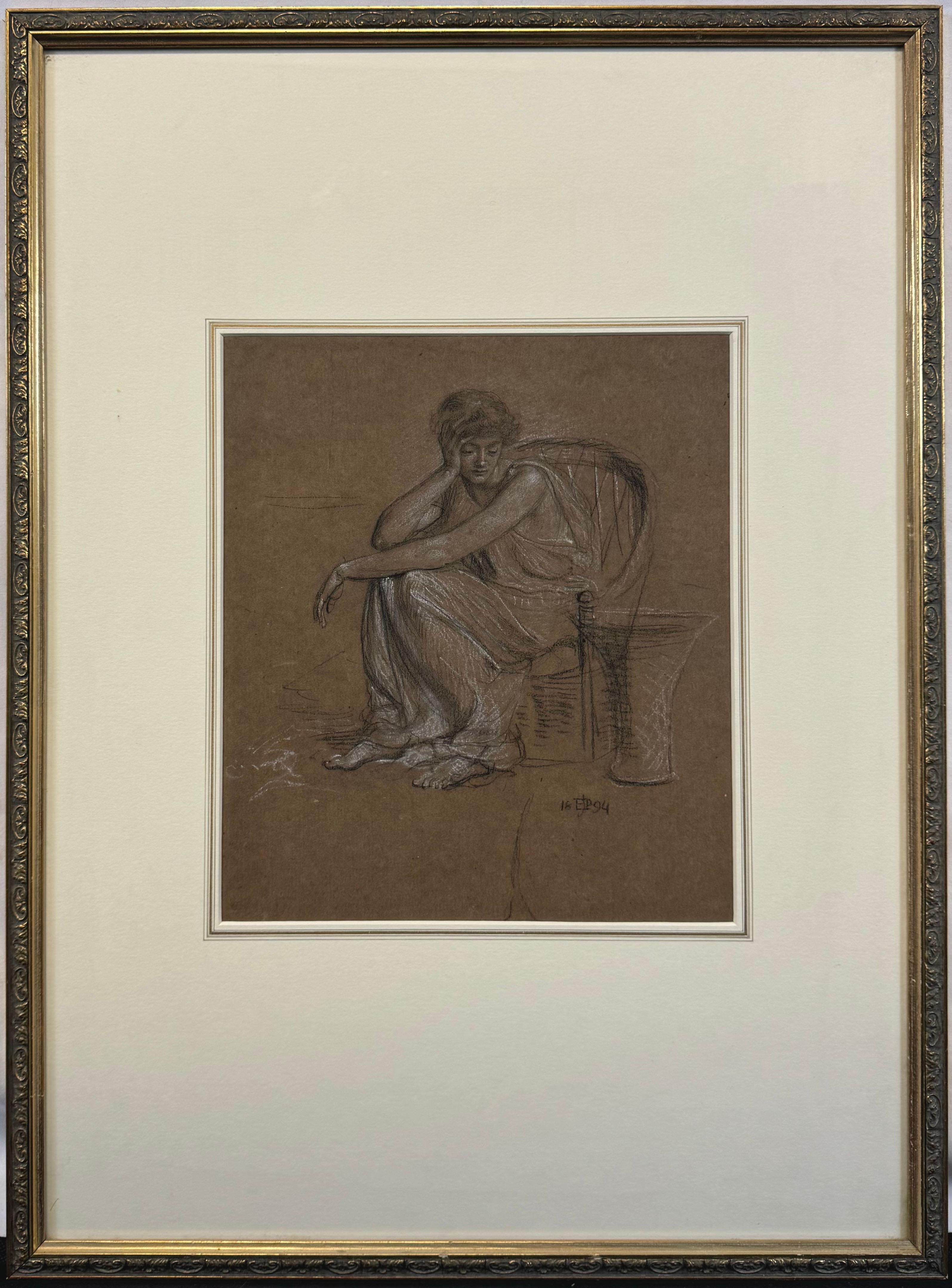 “Study for Neobule, 1894” Neoclassical Chalk Drawing British Signed 19th Century
