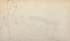 “Reclining Nude, c. 1930” American Modernist Female Drawing Lady African Mask