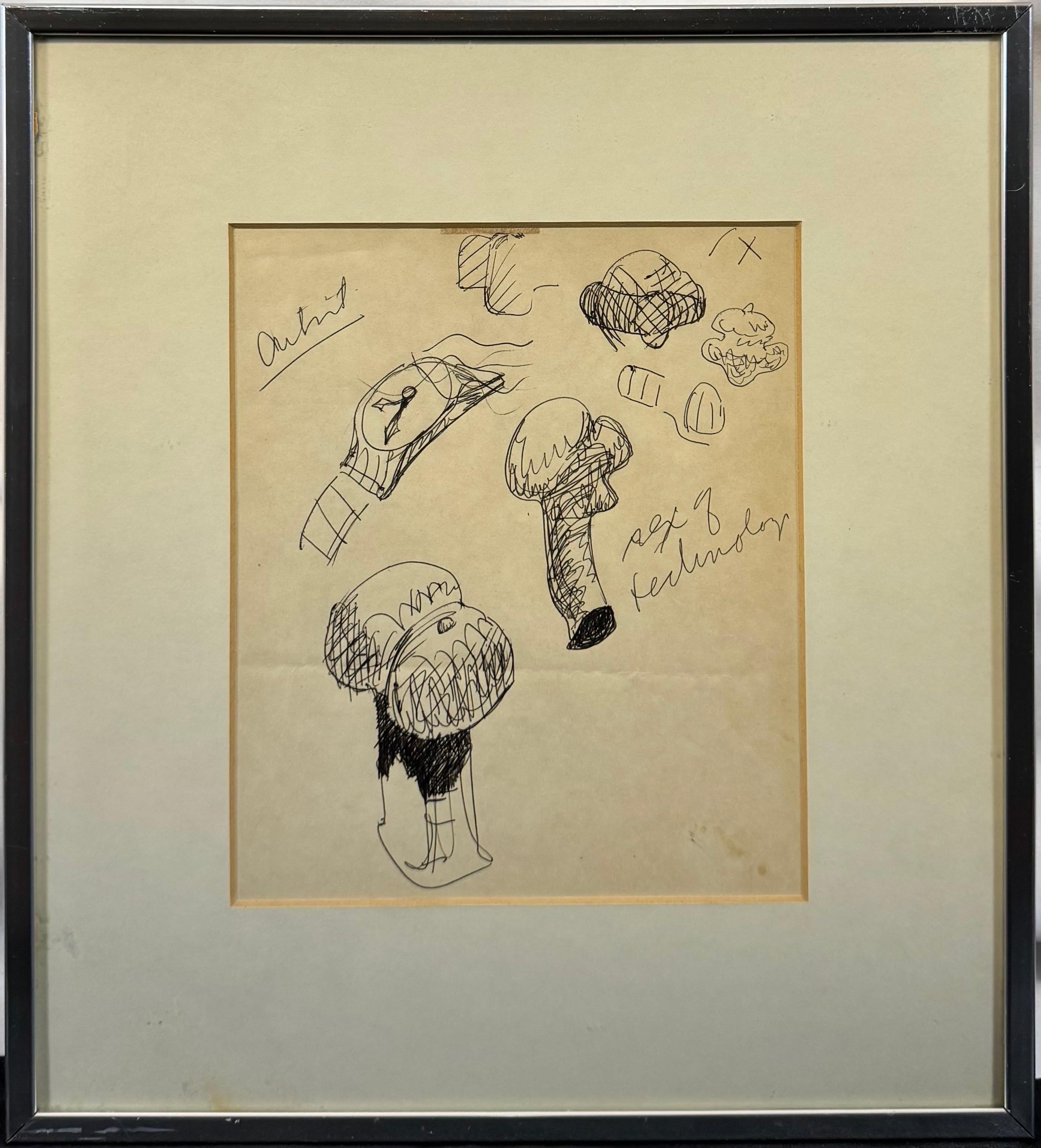 Claes Oldenburg Figurative Art - “Mushrooms and Watch, c. 1970” Ink Drawing Pop Art Conceptual Sketch Study