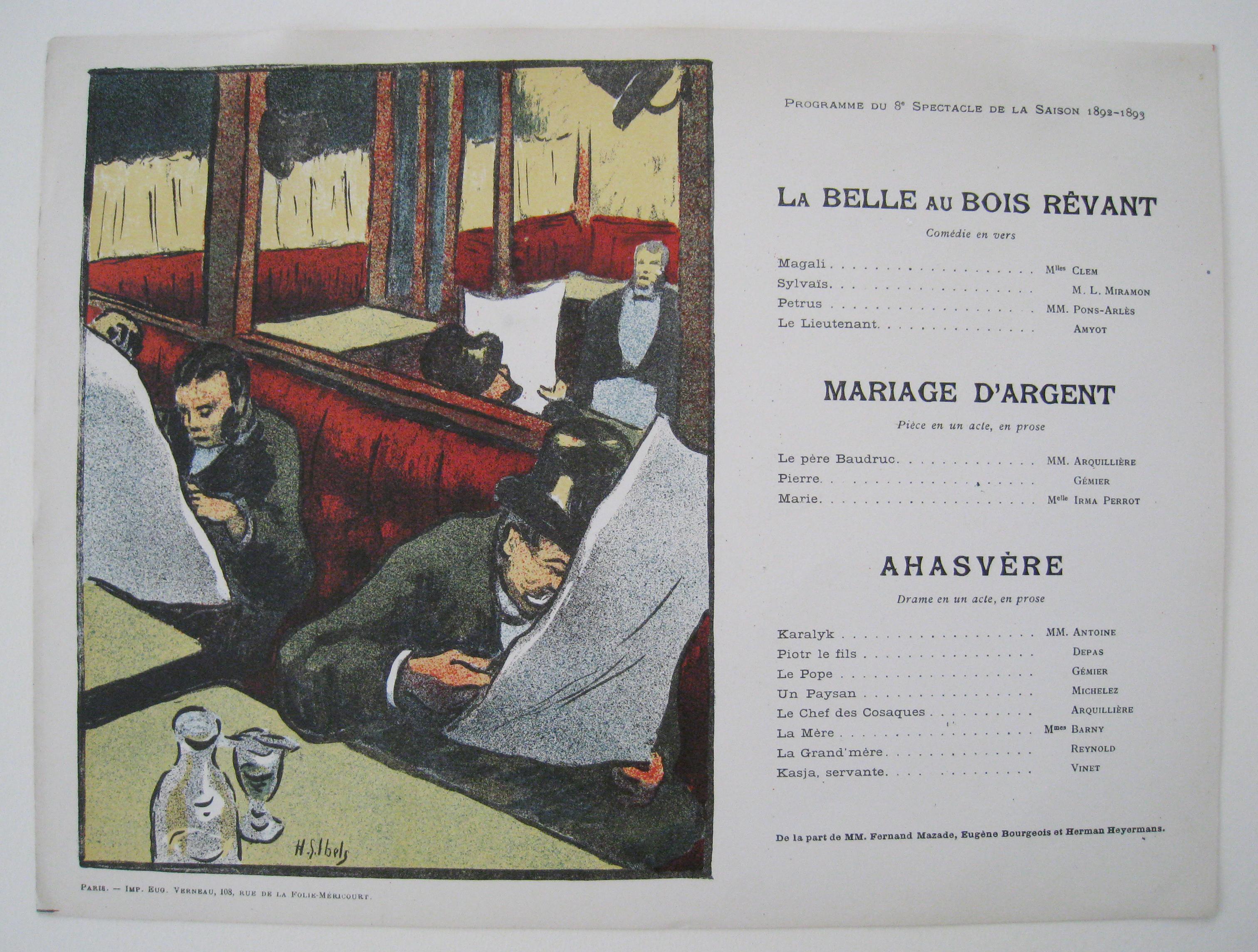Ibels, Henri-Gabriel Figurative Print –  Program für Le Belle Au Bois Revant, Mariage D'Argent, Ahasvere. 12. Juni 1893. 