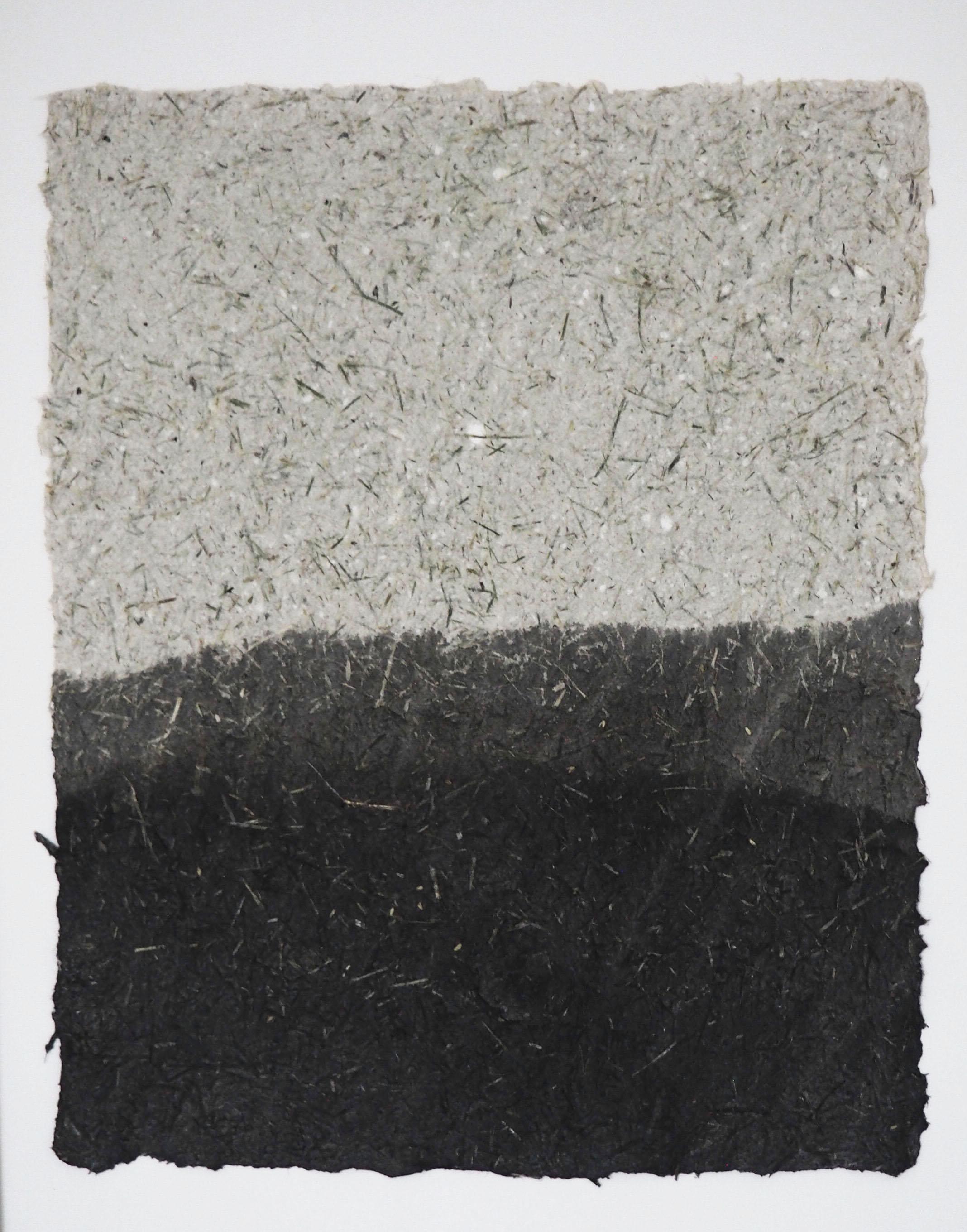Minimalist Abstract Landscape, Handmade Paper, Ink Drawing, Green Gray Black