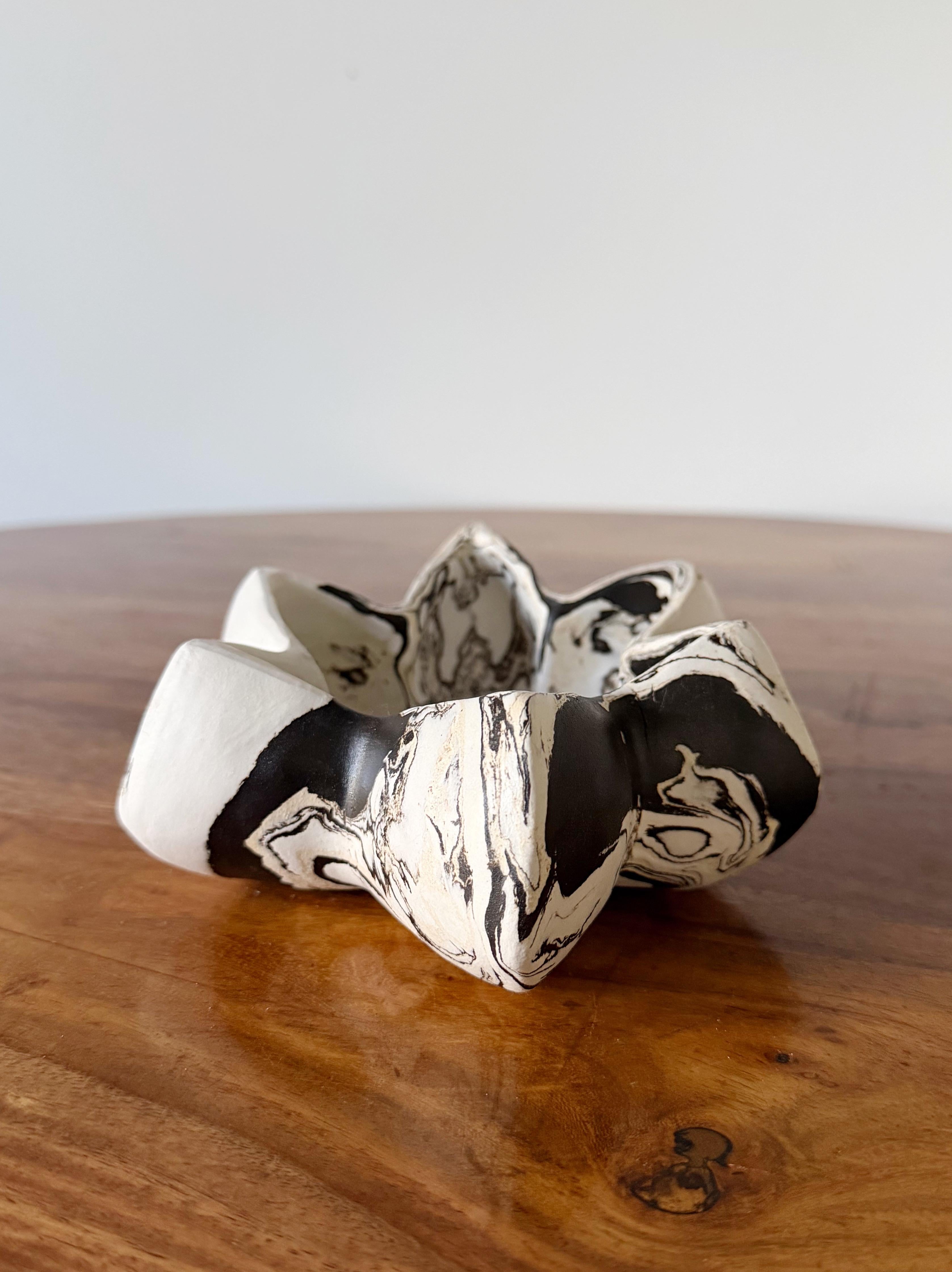 Onyx Sculptural Marbled Ceramic Bowl, Black and White Porcelain Stoneware - Art by Element Clay Studio