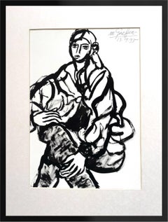 Figuratives expressionistisches Frauenporträt Tusche auf Papier, 1993, französische Schule