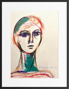 Colorful Figurative Ink Portrait, Postwar Expressionist Woman Drawing