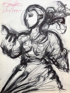 Expressive Figurative Ink and Ballpoint Pen Drawing on Paper, Signed, 1991