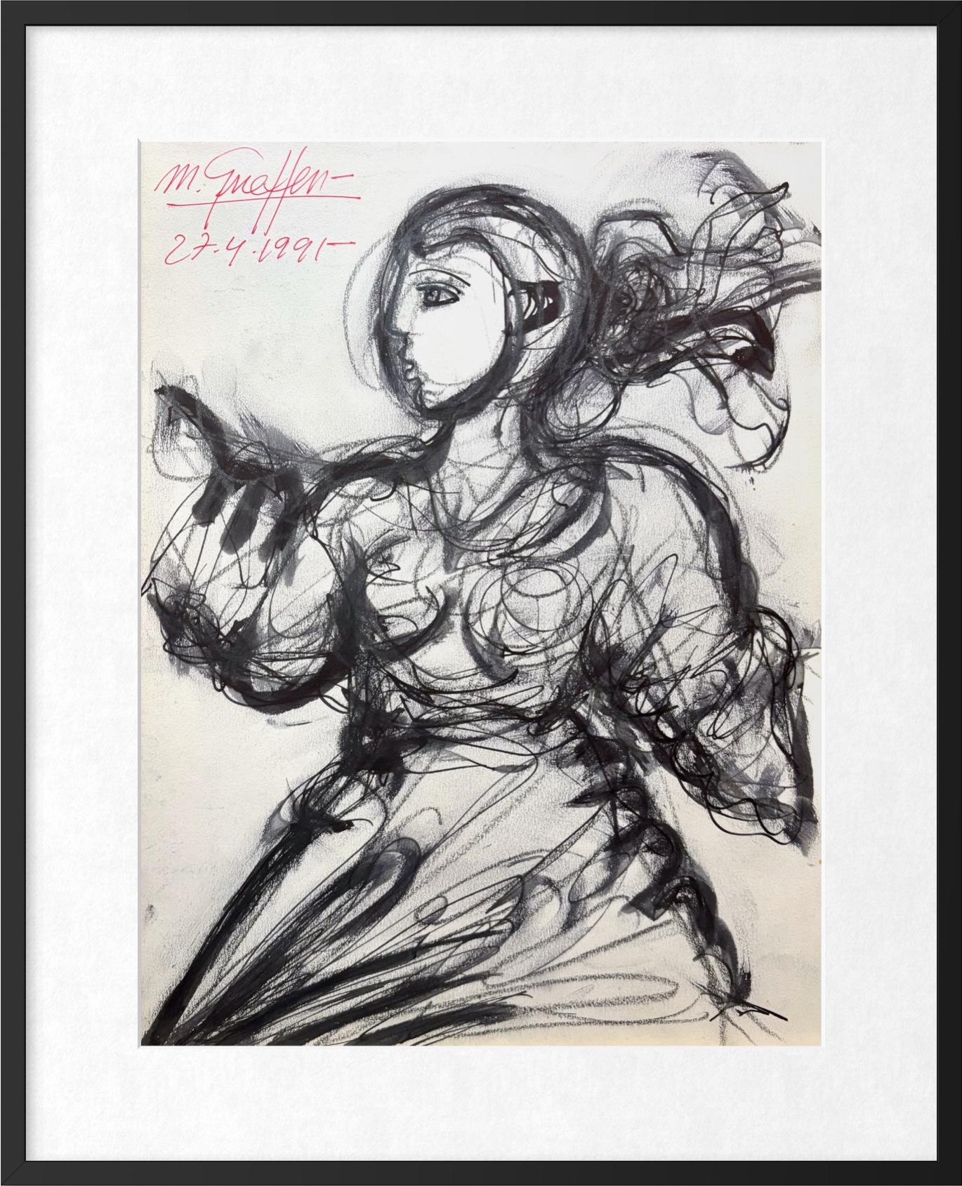 Expressive Figurative Ink and Ballpoint Pen Drawing on Paper, Signed, 1991