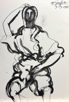 Post-War Figurative Female Portrait, Black Ink on Paper, France 1993